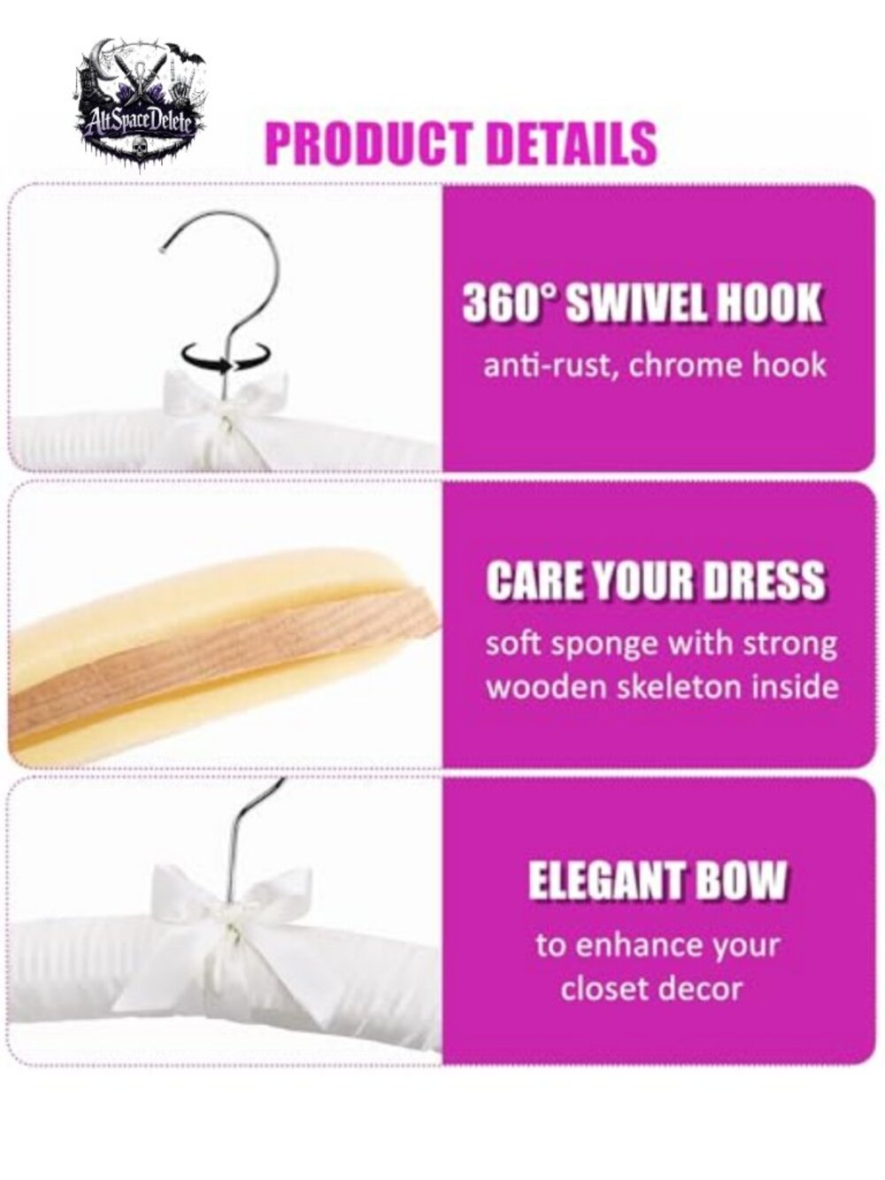 Satin Padded Hangers 17" Bow Design Anti-Slip for Knits Dresses 5 Pack - Picture 2 of 6